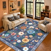 NewBuros 6'x9' Area Rug, Boho Floral Washable Rug, Non Slip Stain Resistant Soft Low Pile Rug for Living Room, Bedroom, Dining Room & Office, Gray Blue