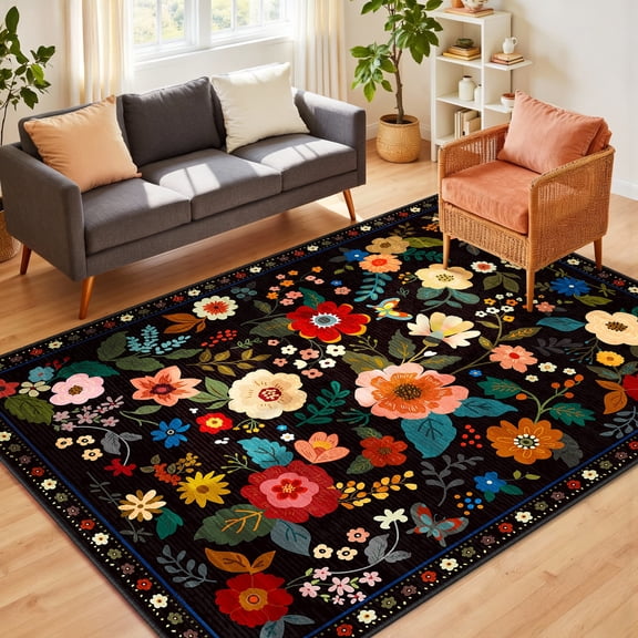 NewBuros 6'x9' Area Rugs, Boho Non Slip Washable Rugs for Living Room, Stain Resistant Soft Low Pile Indoor Floral Carpet for Bedroom Dining Room Office, Black
