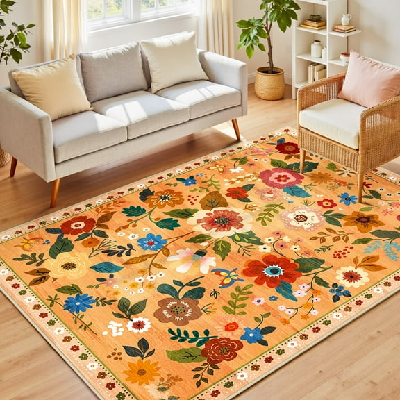 NewBuros 6'x9' Area Rugs, Boho Non Slip Washable Rugs for Living Room, Stain Resistant Soft Low Pile Indoor Floral Carpet for Bedroom Dining Room Office, Yellow Orange