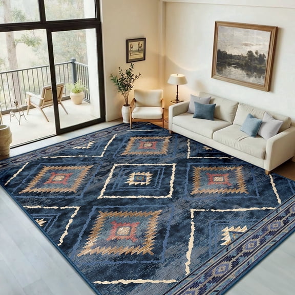 NewBuros 6'x9' Area Rug for Living Room, Machine Washable Non-Slip Rug, Soft Low Pile Stain Resistant Vintage Western Indoor Rug for Bedroom Dining Room, Darkblue