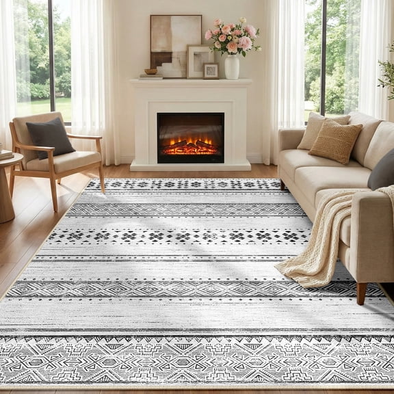 NewBuros 6'x9' Area Rugs for Living Room, Machine Washable Rug Non-Slip, Soft Low Pile Boho Moroccan Neutral Geometric Indoor Rug for Bedroom Kitchen Dining Room, Gray Black