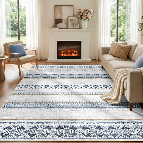 NewBuros 6'x9' Area Rugs for Living Room, Washable Rug Boho Moroccan Neutral Geometric Soft Indoor Rug, Low Pile Non-Slip Print Pattern Rug for Bedroom Dining Room, Blue Brown