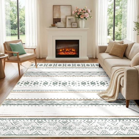 NewBuros 6'x9' Area Rugs for Living Room, Machine Washable Rug Non-Slip, Soft Low Pile Boho Moroccan Neutral Geometric Indoor Rug for Bedroom Kitchen Dining Room, Green