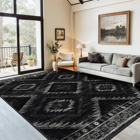 NewBuros 6'x9' Area Rug for Living Room, Machine Washable Non-Slip Rug, Soft Low Pile Stain Resistant Vintage Western Indoor Rug for Bedroom Dining Room, Black