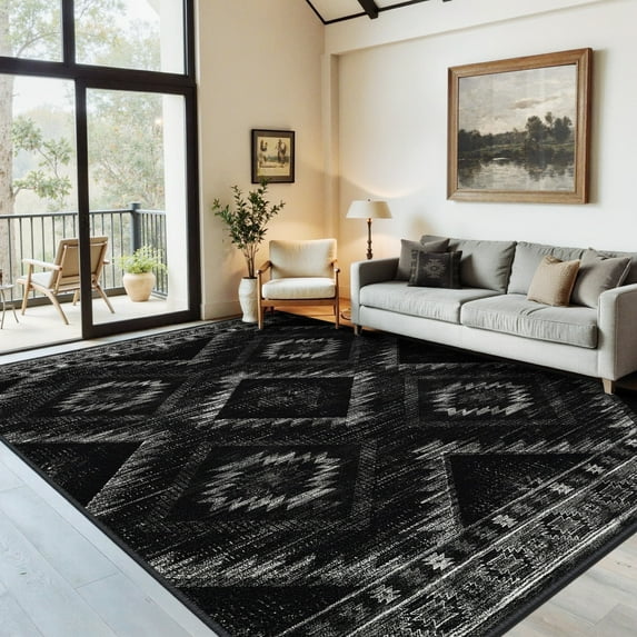 NewBuros 6'x9' Area Rugs for Living Room, Non-Slip Machine Washable Rugs, Soft Stain Resistant Low Pile Vintage Distressed Print Western Indoor Carpet, Black