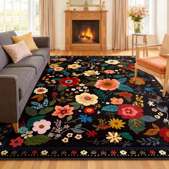 NewBuros 8'x10' Area Rug, Boho Floral Washable Rug, Non Slip Stain Resistant Soft Low Pile Rug for Living Room, Bedroom, Dining Room & Office, Black