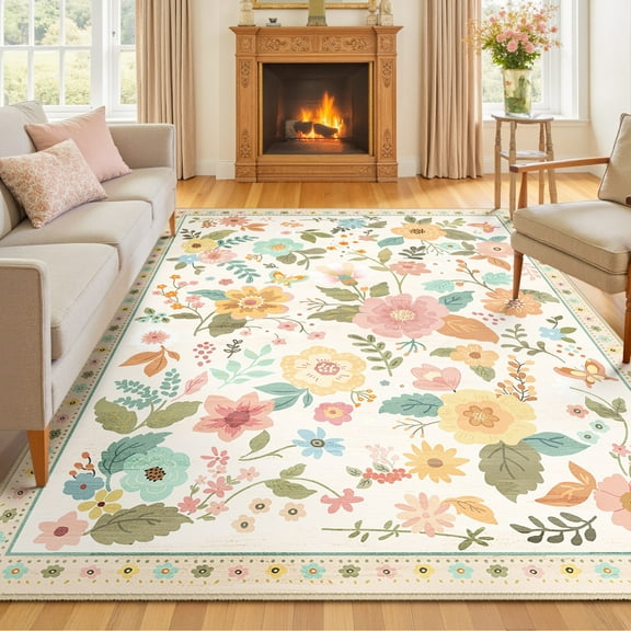 NewBuros 8'x10' Area Rugs, Boho Non Slip Washable Rugs for Living Room, Stain Resistant Soft Low Pile Indoor Floral Carpet for Bedroom Dining Room Office, Cream White