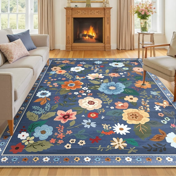 NewBuros 8'x10' Area Rugs, Boho Non Slip Washable Rugs for Living Room, Stain Resistant Soft Low Pile Indoor Floral Carpet for Bedroom Dining Room Office, Gray Blue