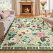 NewBuros 8'x10' Area Rugs, Boho Non Slip Washable Rugs for Living Room, Stain Resistant Soft Low Pile Indoor Floral Carpet for Bedroom Dining Room Office, Light