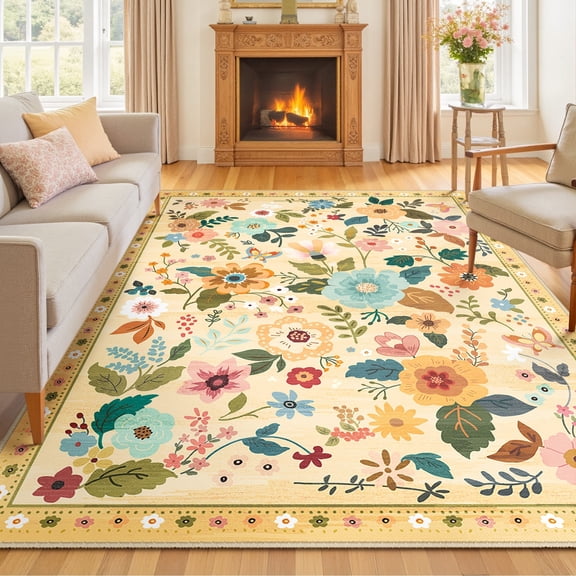 NewBuros 8'x10' Area Rugs, Boho Non Slip Washable Rugs for Living Room, Stain Resistant Soft Low Pile Indoor Floral Carpet for Bedroom Dining Room Office, Ivory Yellow