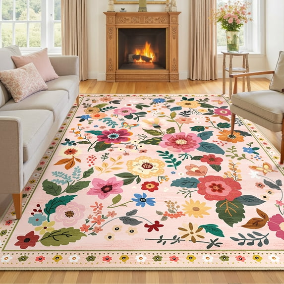 NewBuros 8'x10' Area Rugs, Boho Non Slip Washable Rugs for Living Room, Stain Resistant Soft Low Pile Indoor Floral Carpet for Bedroom Dining Room Office, Pink Beige