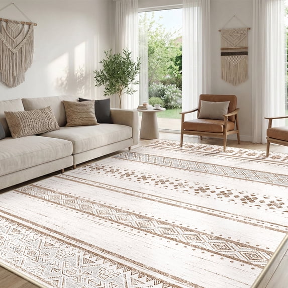 NewBuros 8'x10' Area Rugs for Living Room, Machine Washable Rug Non-Slip, Soft Low Pile Boho Moroccan Neutral Geometric Indoor Rug for Bedroom Kitchen Dining Room, Cream Brown
