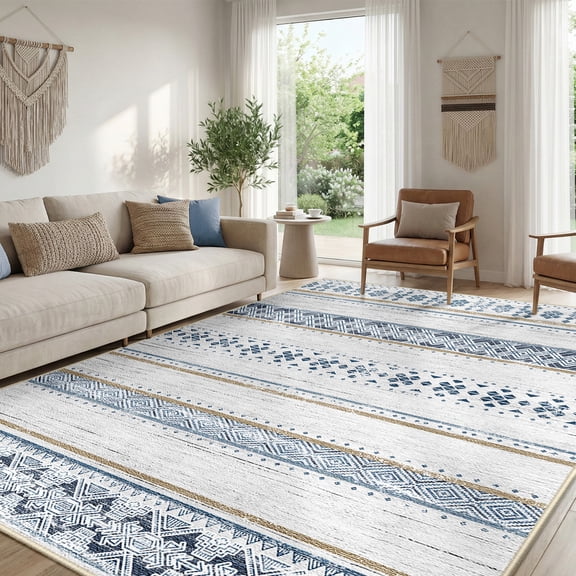 NewBuros 8'x10' Area Rugs for Living Room, Washable Rug Boho Moroccan Neutral Geometric Soft Indoor Rug, Low Pile Non-Slip Print Pattern Rug for Bedroom Dining Room, Blue Brown