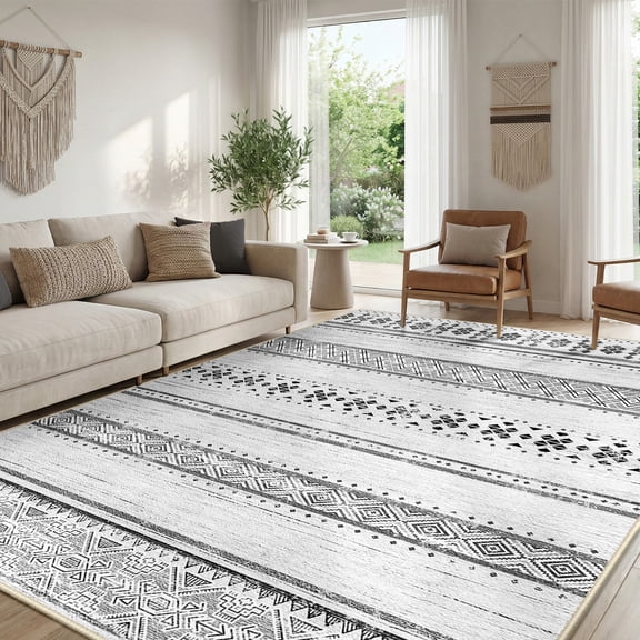 NewBuros 8'x10' Area Rugs for Living Room, Washable Rug Boho Moroccan Neutral Geometric Soft Indoor Rug, Low Pile Non-Slip Print Pattern Rug for Bedroom Dining Room, Gray Black