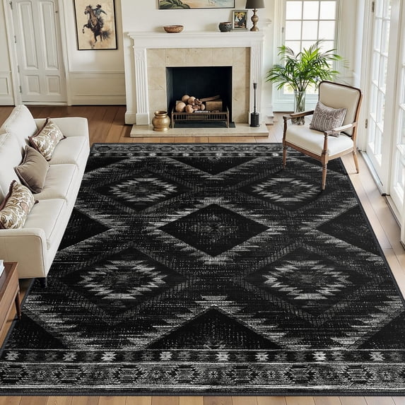 NewBuros 8'x10' Area Rugs for Living Room, Non-Slip Machine Washable Rugs, Soft Stain Resistant Low Pile Vintage Distressed Print Western Indoor Carpet, Black