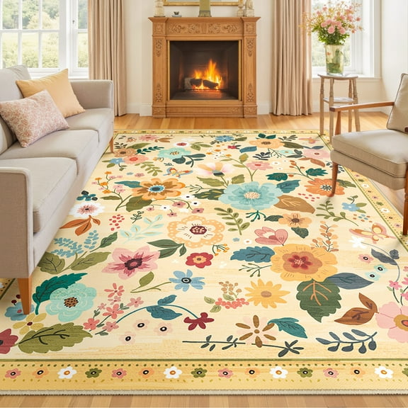 NewBuros 9'x12' Area Rugs, Boho Non Slip Washable Rugs for Living Room, Stain Resistant Soft Low Pile Indoor Floral Carpet for Bedroom Dining Room Office, Ivory Yellow