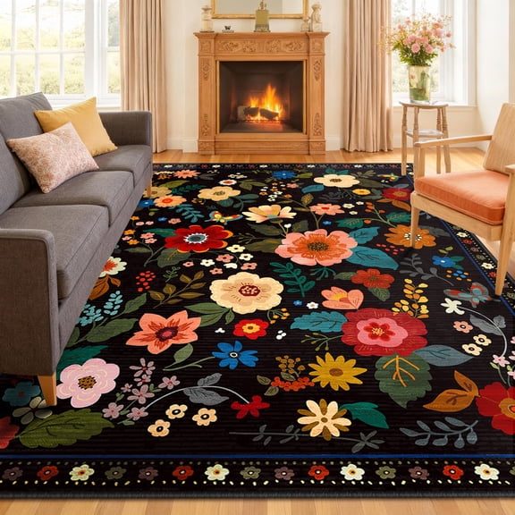 NewBuros 9'x12' Area Rugs, Boho Non Slip Washable Rugs for Living Room, Stain Resistant Soft Low Pile Indoor Floral Carpet for Bedroom Dining Room Office, Black