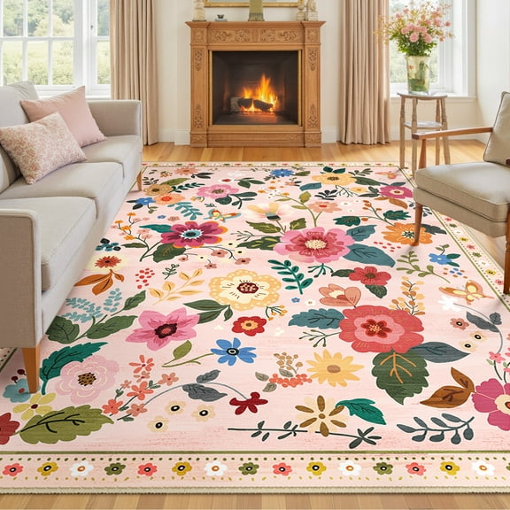 NewBuros 9'x12' Area Rugs, Boho Non Slip Washable Rugs for Living Room, Stain Resistant Soft Low Pile Indoor Floral Carpet for Bedroom Dining Room Office, Pink Beige