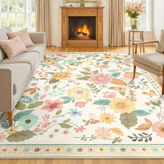 NewBuros 9'x12' Area Rugs, Boho Non Slip Washable Rugs for Living Room, Stain Resistant Soft Low Pile Indoor Floral Carpet for Bedroom Dining Room Office, Cream White