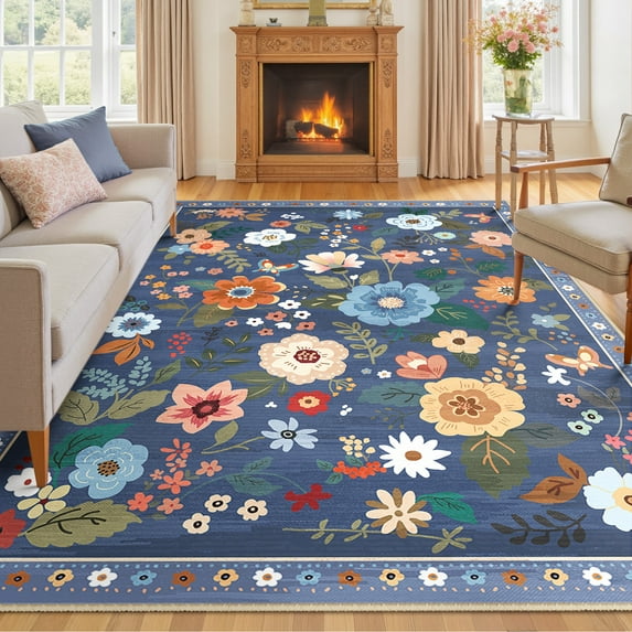NewBuros 9'x12' Area Rugs, Boho Non Slip Washable Rugs for Living Room, Stain Resistant Soft Low Pile Indoor Floral Carpet for Bedroom Dining Room Office, Gray Blue