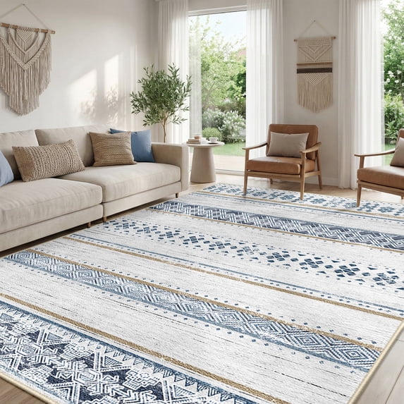 NewBuros 9'x12' Area Rugs for Living Room, Machine Washable Rug Non-Slip, Soft Low Pile Boho Moroccan Neutral Geometric Indoor Rug for Bedroom Kitchen Dining Room, Blue Brown