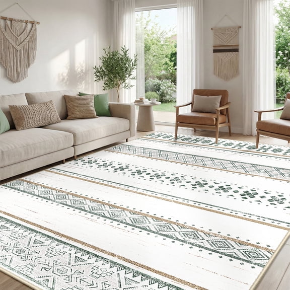 NewBuros 9'x12' Area Rugs for Living Room, Machine Washable Rug Non-Slip, Soft Low Pile Boho Moroccan Neutral Geometric Indoor Rug for Bedroom Kitchen Dining Room, Green