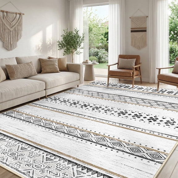 NewBuros 9'x12' Area Rugs for Living Room, Machine Washable Rug Non-Slip, Soft Low Pile Boho Moroccan Neutral Geometric Indoor Rug for Bedroom Kitchen Dining Room, Black Brown