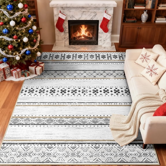 NewBuros 9'x12' Area Rugs for Living Room, Washable Rug Boho Moroccan Neutral Geometric Soft Indoor Rug, Low Pile Non-Slip Print Pattern Rug for Bedroom Dining Room, Black Brown