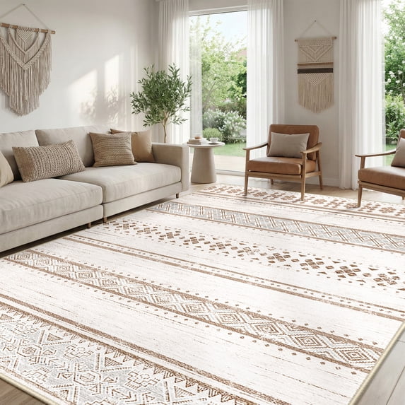 NewBuros 9'x12' Area Rugs for Living Room, Washable Rug Boho Moroccan Neutral Geometric Soft Indoor Rug, Low Pile Non-Slip Print Pattern Rug for Bedroom Dining Room, Cream Brown