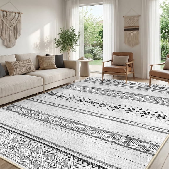 NewBuros 9'x12' Area Rugs for Living Room, Machine Washable Rug Non-Slip, Soft Low Pile Boho Moroccan Neutral Geometric Indoor Rug for Bedroom Kitchen Dining Room, Gray Black