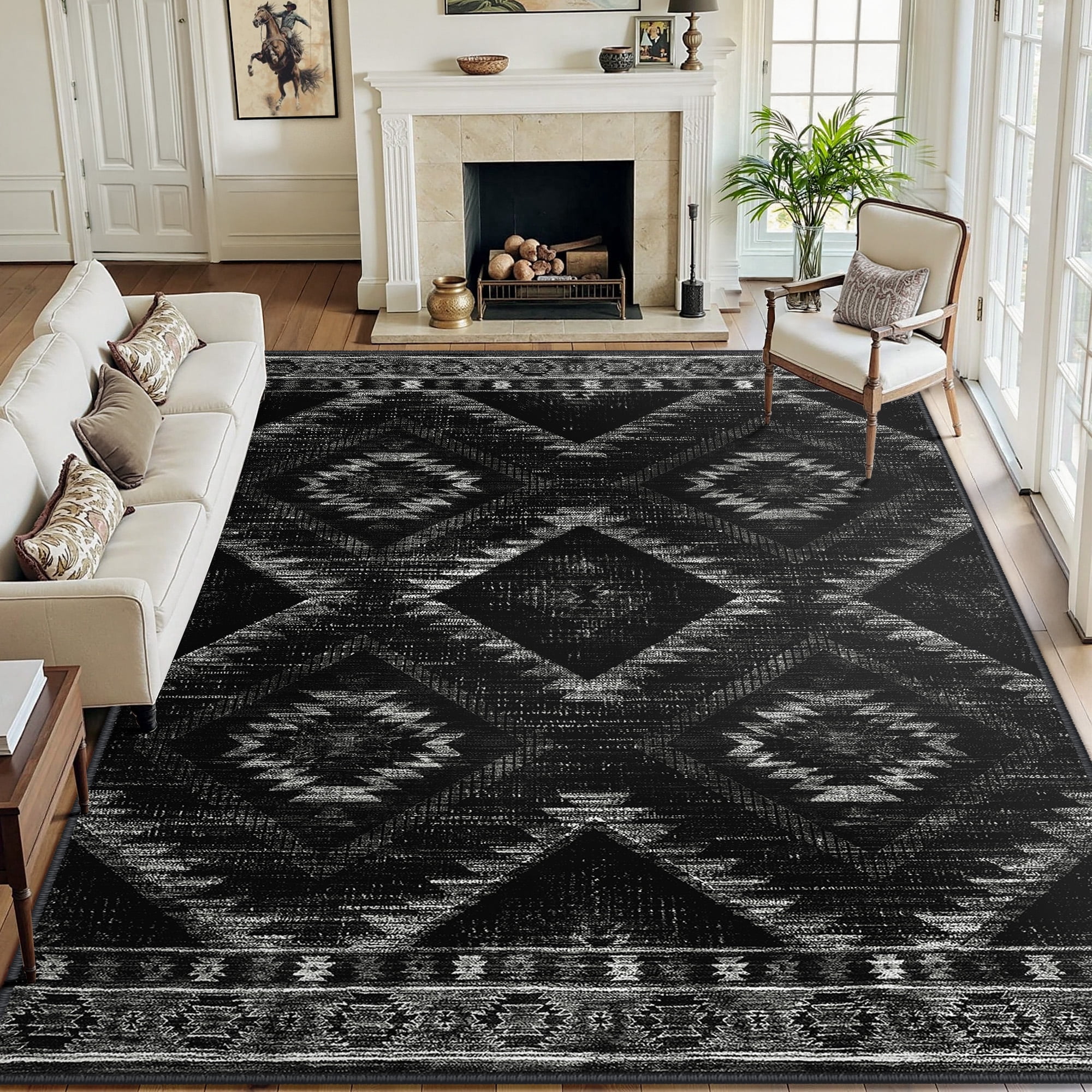 NewBuros 9'x12' Area Rug for Living Room, Machine Washable Non-Slip Rug, Soft Low Pile Stain Resistant Vintage Western Indoor Rug for Bedroom Dining Room, Black