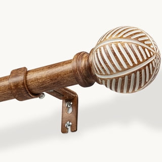 NewBuros Adjustable Wood Curtain Rod, 32 to 120 Inch, 1" Diameter Heavy-Duty Indoor Curtain Rod, Sturdy Rust-Proof with Wood Grain Leaf Pattern, Coffee Brown