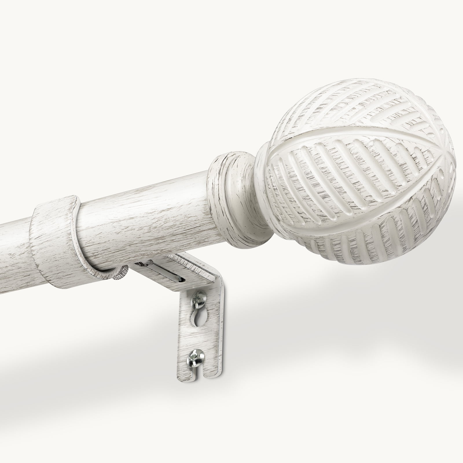NewBuros Adjustable Wood Curtain Rod, 32 to 86 Inch, 1" Diameter Heavy-Duty Indoor Curtain Rod, Sturdy Rust-Proof with Wood Grain Leaf Pattern, White