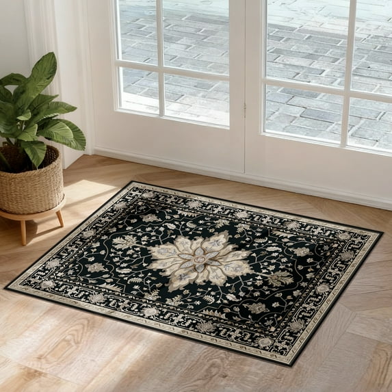 NewBuros Area Rugs 2'x3' Non-Slip Washable, Floral Vintage Distress Print Pattern Low Pile Soft Indoor Rugs for Kitchen Bedroom Entryway, Black