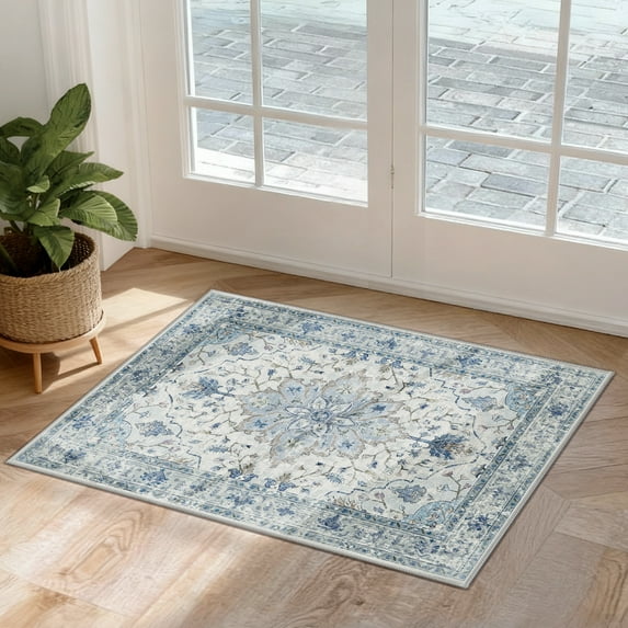 NewBuros Area Rugs 2'x3' Non-Slip Washable, Floral Vintage Distress Print Pattern Low Pile Soft Indoor Rugs for Kitchen Bedroom Entryway, Blue Beige
