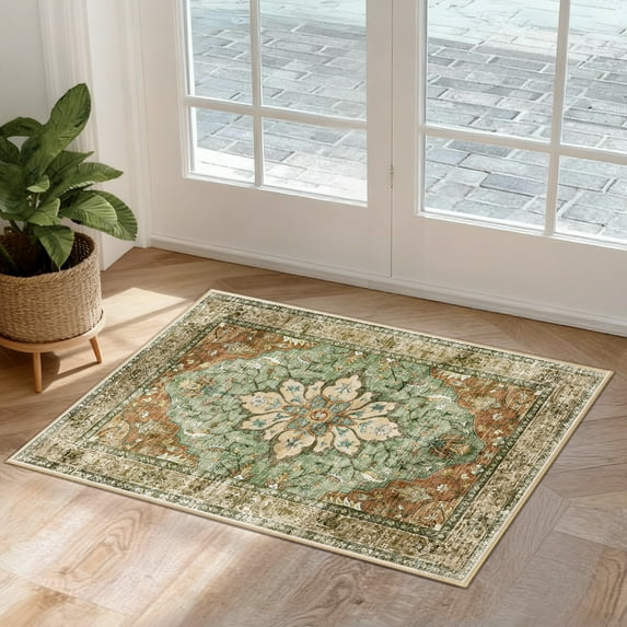 NewBuros Area Rugs 2'x3' Non-Slip Washable, Floral Vintage Distress Print Pattern Low Pile Soft Indoor Rugs for Kitchen Bedroom Entryway, Brick Red Green