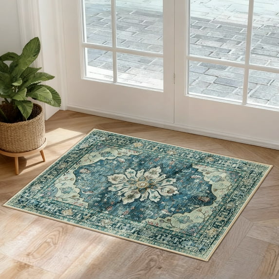 NewBuros Area Rugs 2'x3' Non-Slip Washable, Floral Vintage Distress Print Pattern Low Pile Soft Indoor Rugs for Kitchen Bedroom Entryway, Dark Blue