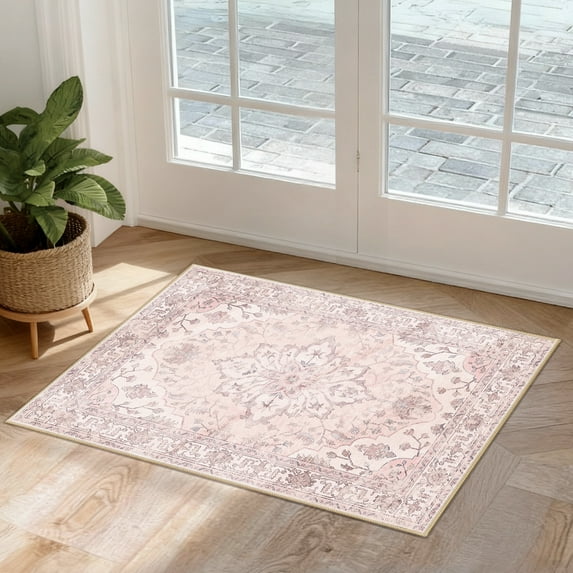 NewBuros Area Rugs 2'x3' Non-Slip Washable, Floral Vintage Distress Print Pattern Low Pile Soft Indoor Rugs for Kitchen Bedroom Entryway, Gray Pink