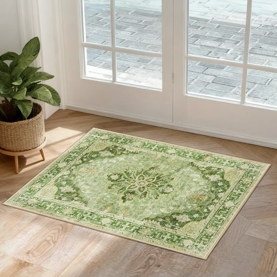 NewBuros Area Rugs 2'x3' Non-Slip Washable, Floral Vintage Distress Print Pattern Low Pile Soft Indoor Rugs for Kitchen Bedroom Entryway, Yellow Green