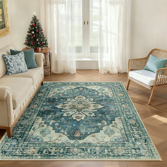 NewBuros Area Rugs 3'x5' Non-Slip Washable, Floral Vintage Distress Print Pattern Low Pile Soft Indoor Rugs for Living Room Bedroom Dining Room, Dark Blue