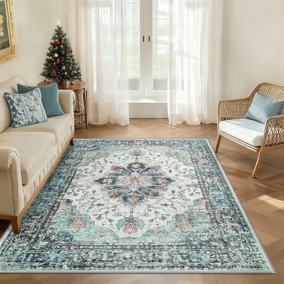 NewBuros Area Rugs 3'x5' Non-Slip Washable, Floral Vintage Distress Print Pattern Low Pile Soft Indoor Rugs for Living Room Bedroom Dining Room, Navy Blue White