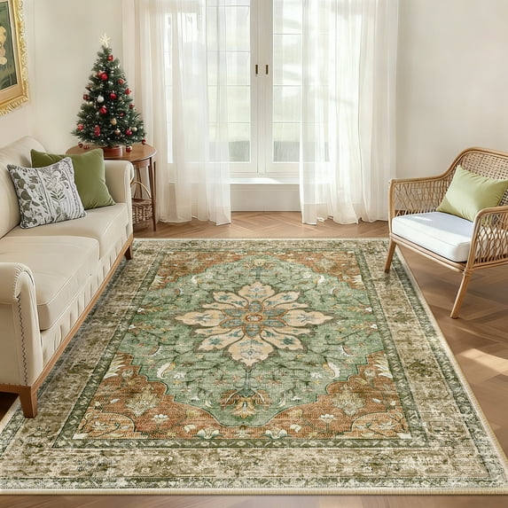NewBuros Area Rugs 4'x6' Non-Slip Washable, Floral Vintage Distress Print Pattern Low Pile Soft Indoor Rugs for Living Room Bedroom Dining Room, Brick Red Green