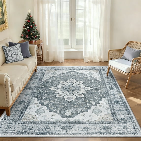 NewBuros Area Rugs 4'x6' Non-Slip Washable, Floral Vintage Distress Print Pattern Low Pile Soft Indoor Rugs for Living Room Bedroom Dining Room, Gray White