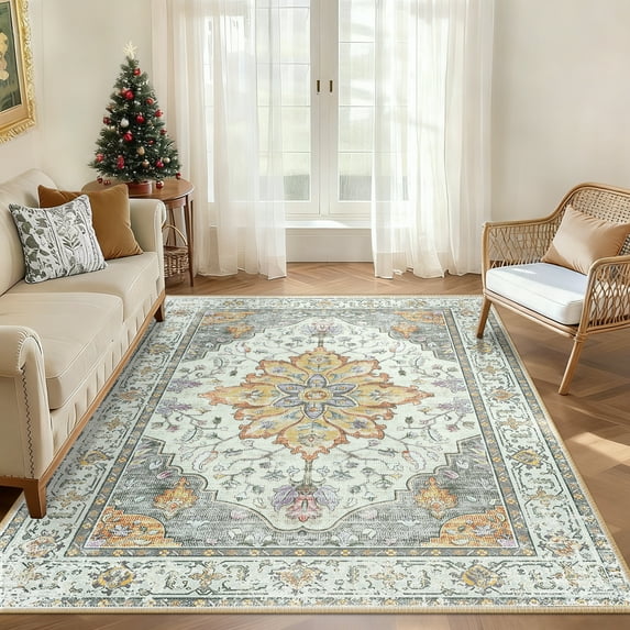 NewBuros Area Rugs 4'x6' Non-Slip Washable, Floral Vintage Distress Print Pattern Low Pile Soft Indoor Rugs for Living Room Bedroom Dining Room, Light Yellow Gray