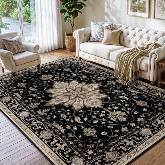 NewBuros 5'x7' Washable Area Rug for Living Room, Non Slip Vintage Distress Print Pattern Floral Rug, Soft Low Pile Indoor Carpet for Bedroom Dining Room, Black