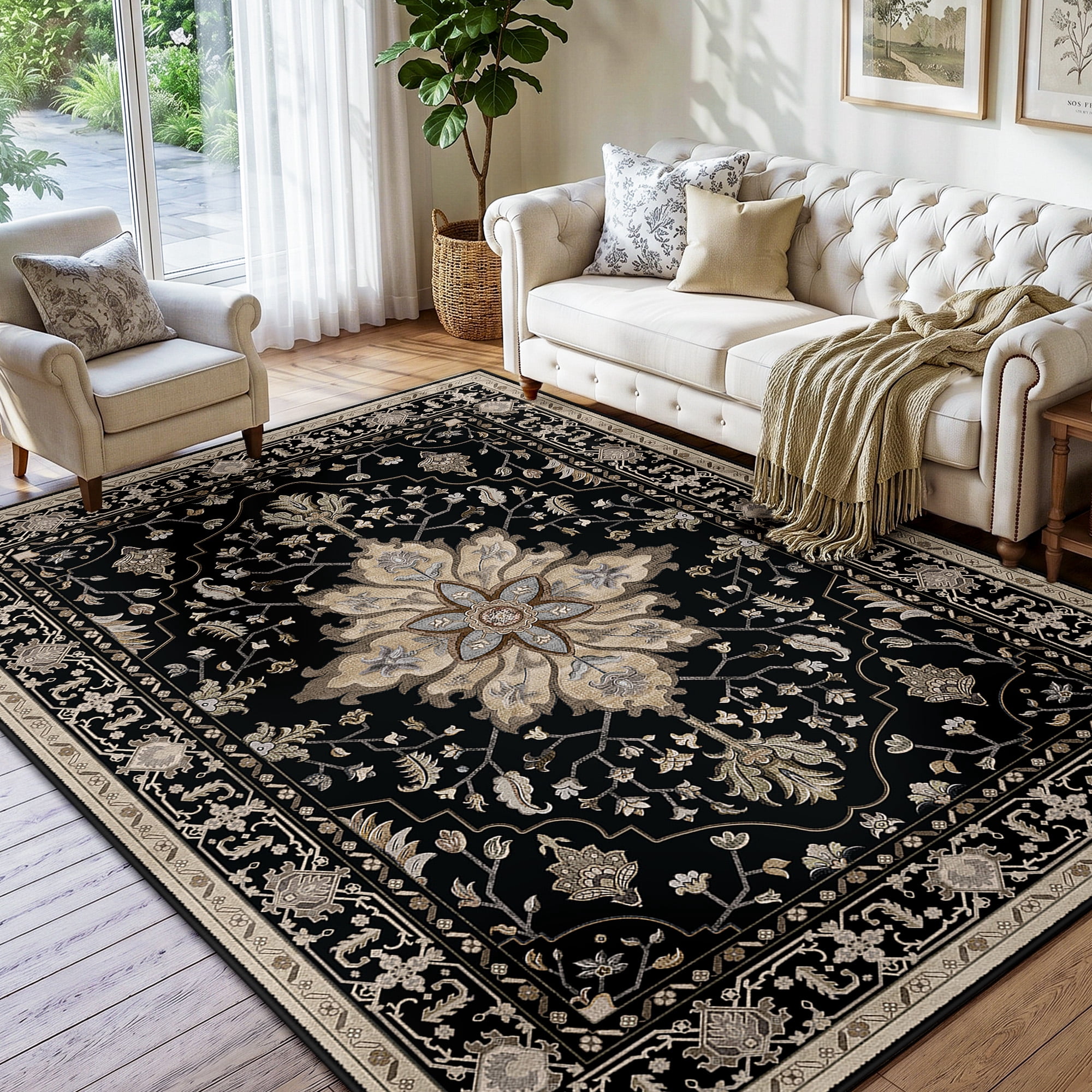 NewBuros 5'x7' Washable Area Rug for Living Room, Non Slip Vintage Distress Print Pattern Floral Rug, Soft Low Pile Indoor Carpet for Bedroom Dining Room, Black