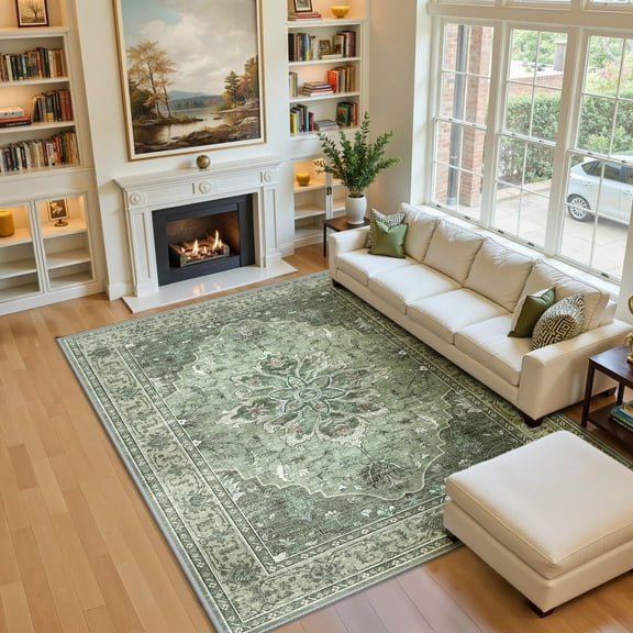 NewBuros Area Rugs 5'x7' Non-Slip Washable, Floral Vintage Distress Print Pattern Low Pile Soft Indoor Rugs for Living Room Bedroom Dining Room, Gray Green