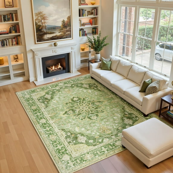 NewBuros Area Rugs 5'x7' Non-Slip Washable, Floral Vintage Distress Print Pattern Low Pile Soft Indoor Rugs for Living Room Bedroom Dining Room, Yellow Green