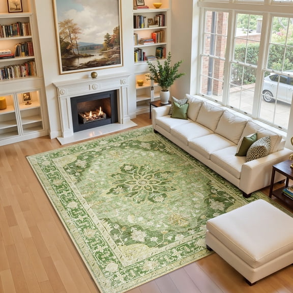 NewBuros Area Rugs 5'x7' Non-Slip Washable, Floral Vintage Distress Print Pattern Low Pile Soft Indoor Rugs for Living Room Bedroom Dining Room, Yellow Green