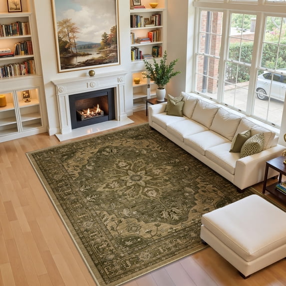 NewBuros Area Rugs 5'x7' Non-Slip Washable, Floral Vintage Distress Print Pattern Low Pile Soft Indoor Rugs for Living Room Bedroom Dining Room, Dark Brown